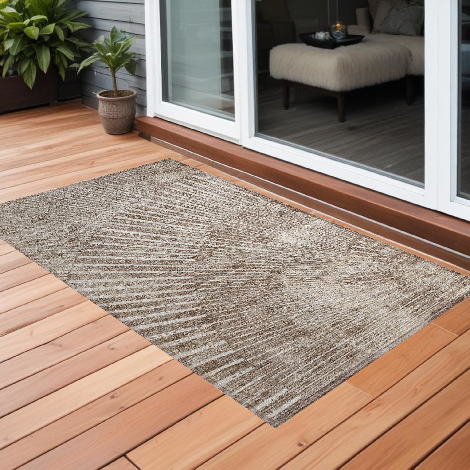 2' X 3' Taupe and Ivory Abstract Washable Non Skid Indoor Outdoor Area Rug - 1 - Sports & Outdoor