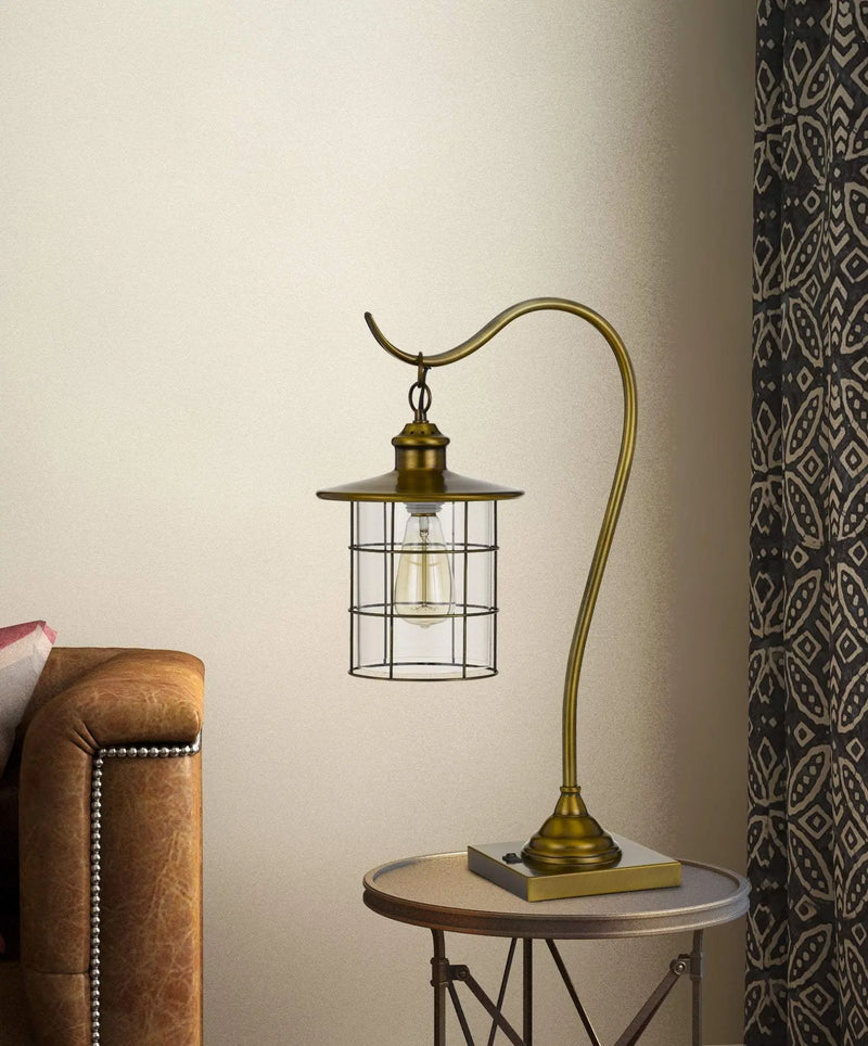 25" Antiqued Brass Metal Lantern Desk Lamp With Antiqued Brass Drum Shade - GreatEagleInc