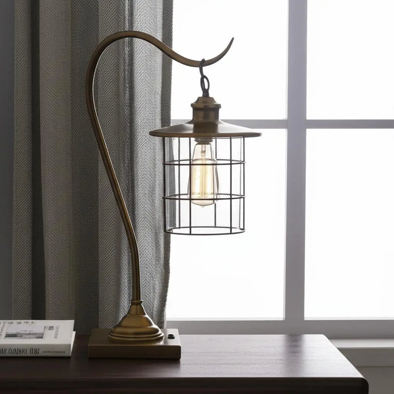 25" Antiqued Brass Metal Lantern Desk Lamp With Antiqued Brass Drum Shade - GreatEagleInc