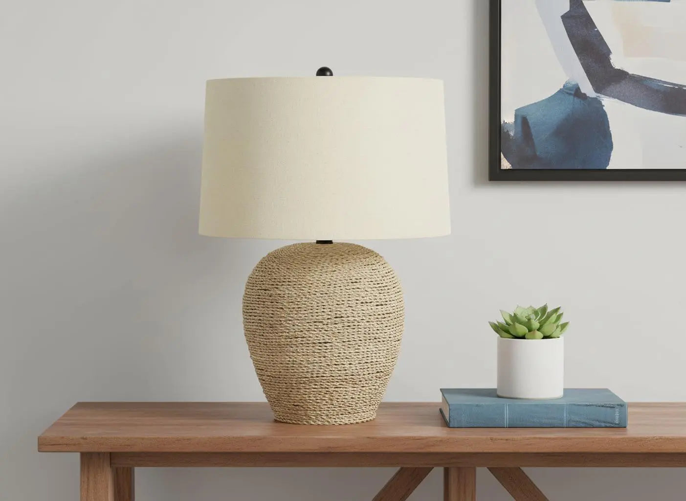 25" Beige Rattan Round Table Lamp With Beige Drum Shade Homeroots Lighting