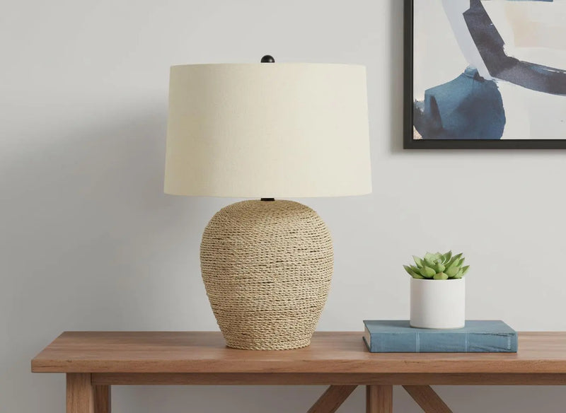 25" Beige Rattan Round Table Lamp With Beige Drum Shade Homeroots Lighting