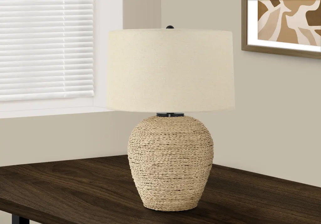 25" Beige Rattan Round Table Lamp With Beige Drum Shade Homeroots Lighting