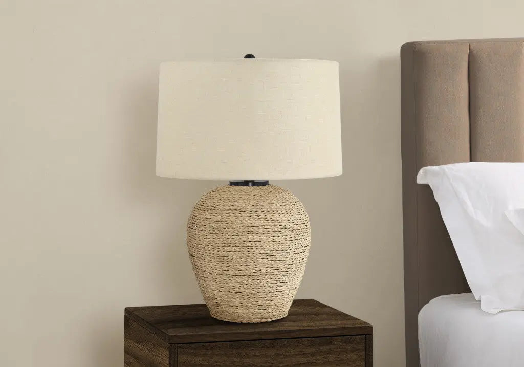 25" Beige Rattan Round Table Lamp With Beige Drum Shade Homeroots Lighting