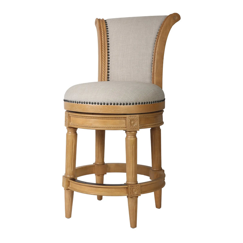 25" Beige and Natural Fabric and Solid Wood Counter Height Swivel Bar Chair Homeroots Living Room