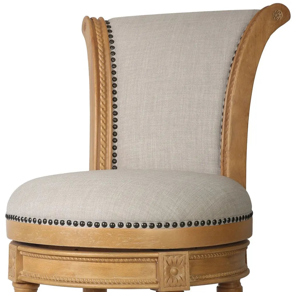 25" Beige and Natural Fabric and Solid Wood Counter Height Swivel Bar Chair Homeroots Living Room