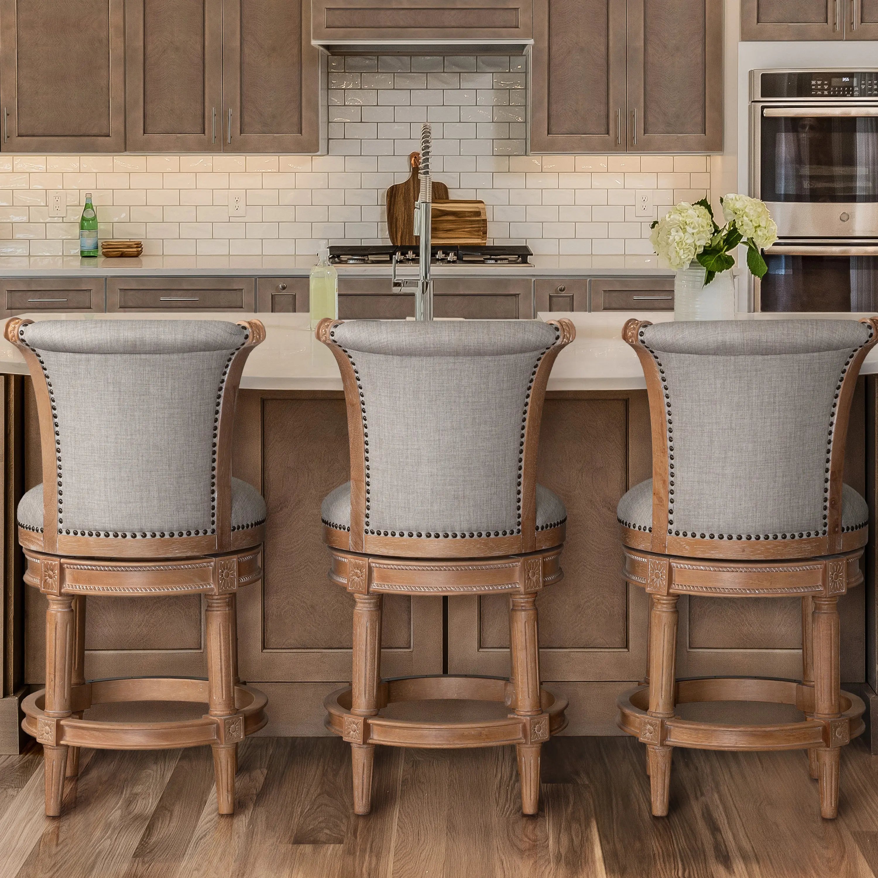 25" Beige and Natural Fabric and Solid Wood Counter Height Swivel Bar Chair Homeroots Living Room