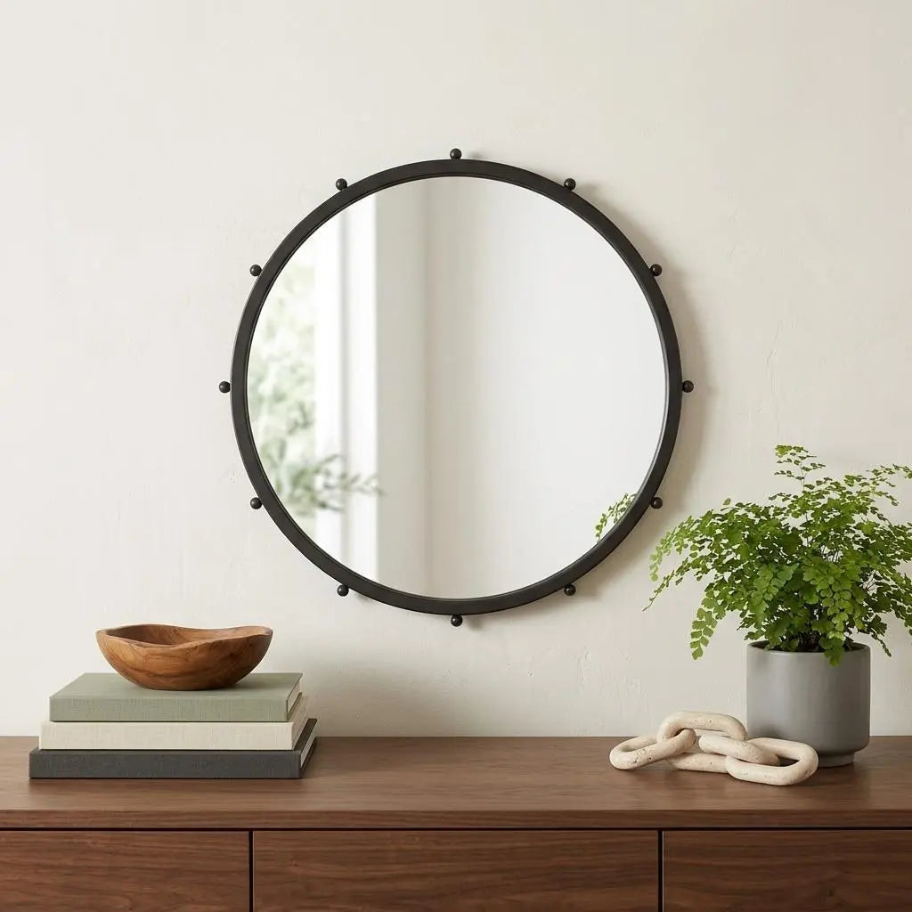 25" Black Metal Beaded Round Framed Accent Mirror Homeroots Bed & Bath