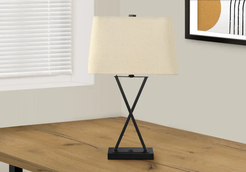 25" Black Metal Geometric USB Table Lamp With Beige Shade Homeroots Lighting