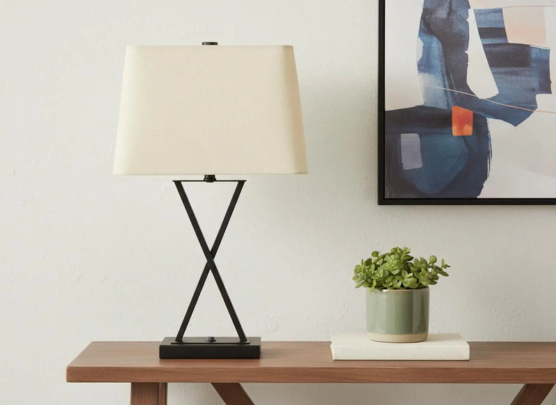 25" Black Metal Geometric USB Table Lamp With Beige Shade Homeroots Lighting