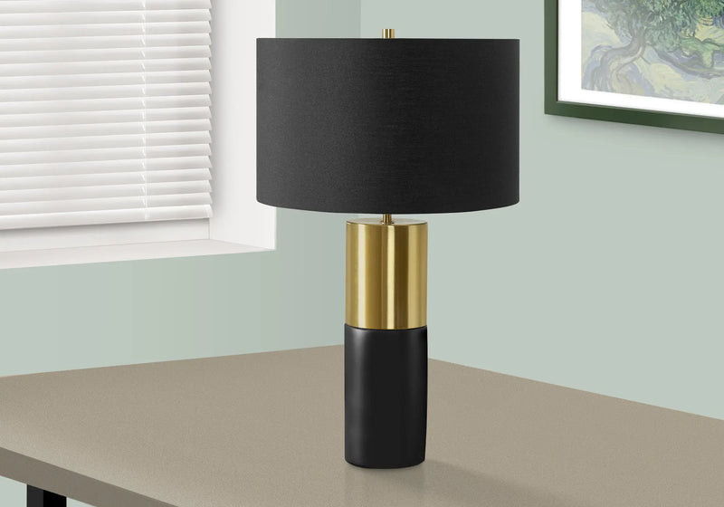 25" Black and Gold Concrete Cylinder Table Lamp With Black Drum Shade Homeroots Lighting
