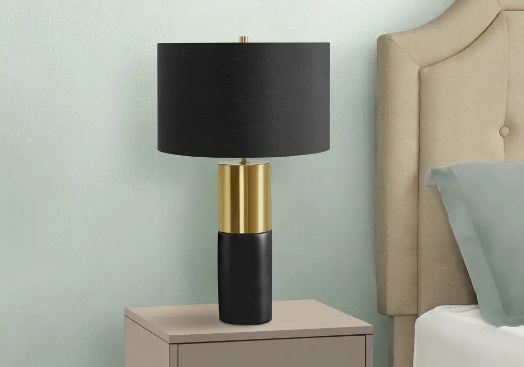 25" Black and Gold Concrete Cylinder Table Lamp With Black Drum Shade Homeroots Lighting