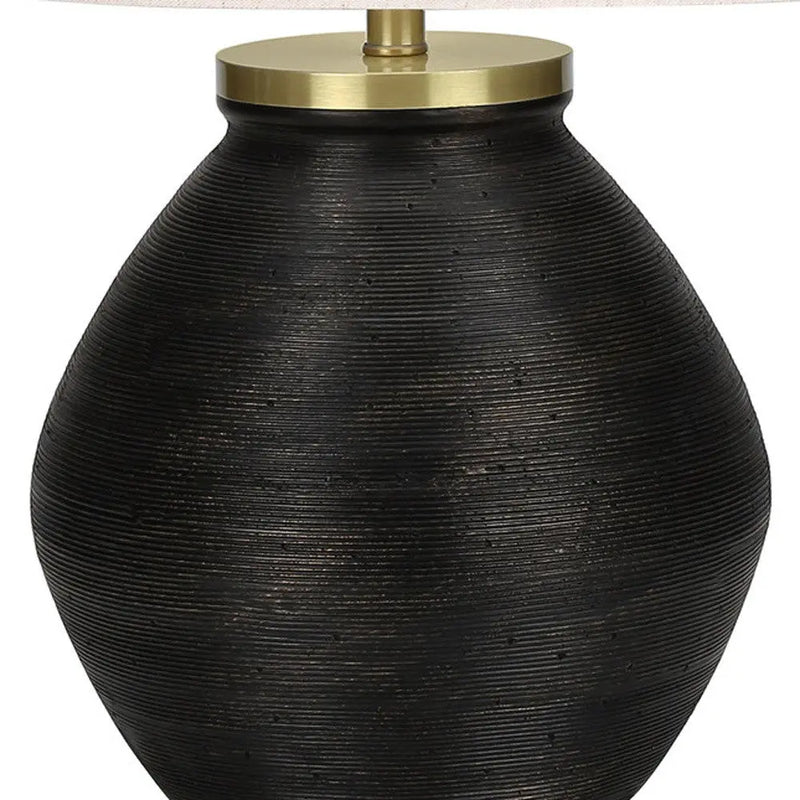 25" Black and Gold Concrete Round Table Lamp With Ivory Drum Shade Homeroots Lighting