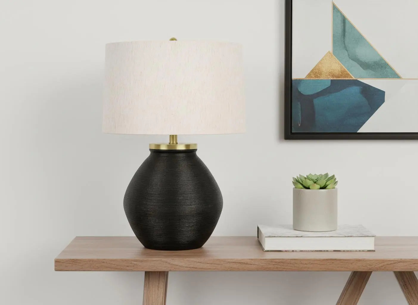 25" Black and Gold Concrete Round Table Lamp With Ivory Drum Shade Homeroots Lighting