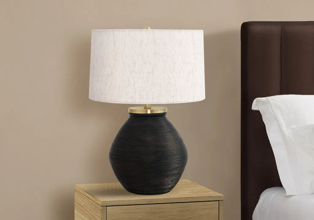 25" Black and Gold Concrete Round Table Lamp With Ivory Drum Shade Homeroots Lighting