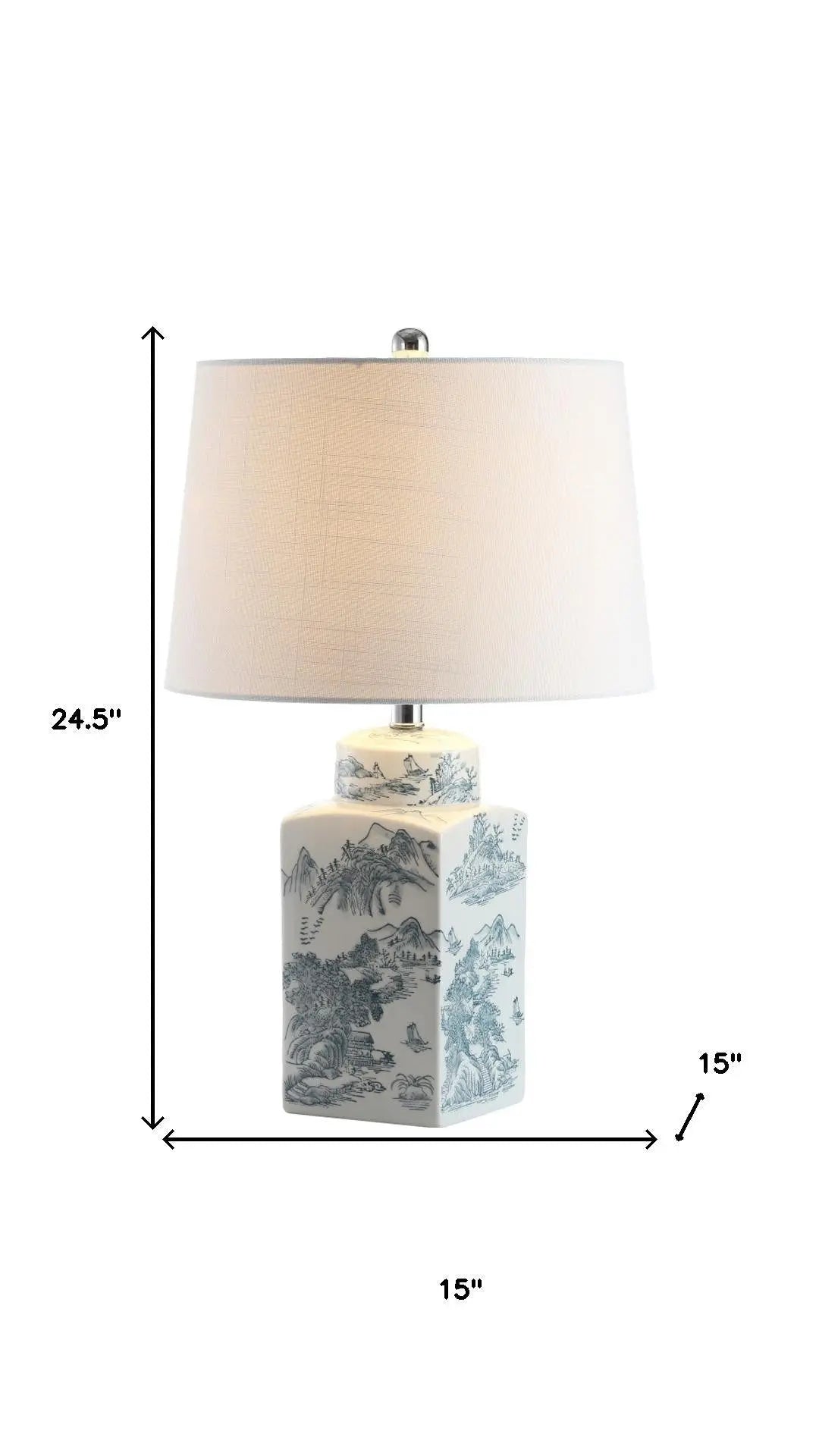Blue and white ceramic lamp with a landscape design, featuring a white fabric shade, 24.5" tall, 15" wide.