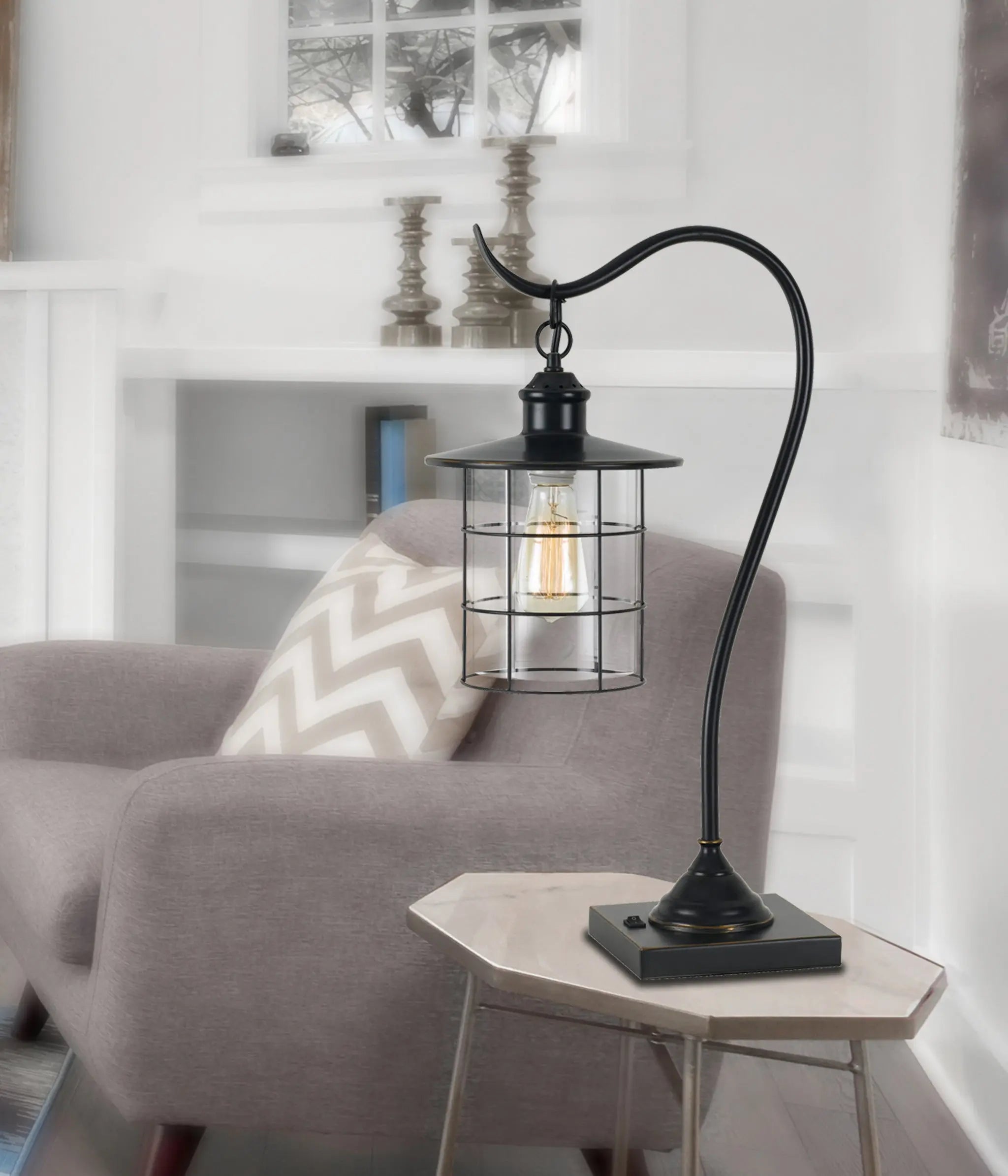 25" Bronze Metal Lantern Style Desk Lamp With Edison Bulb - GreatEagleInc