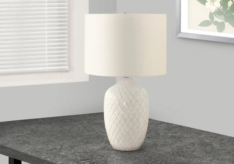 25" Cream Ceramic Urn Table Lamp With Cream Drum Shade Homeroots Lighting