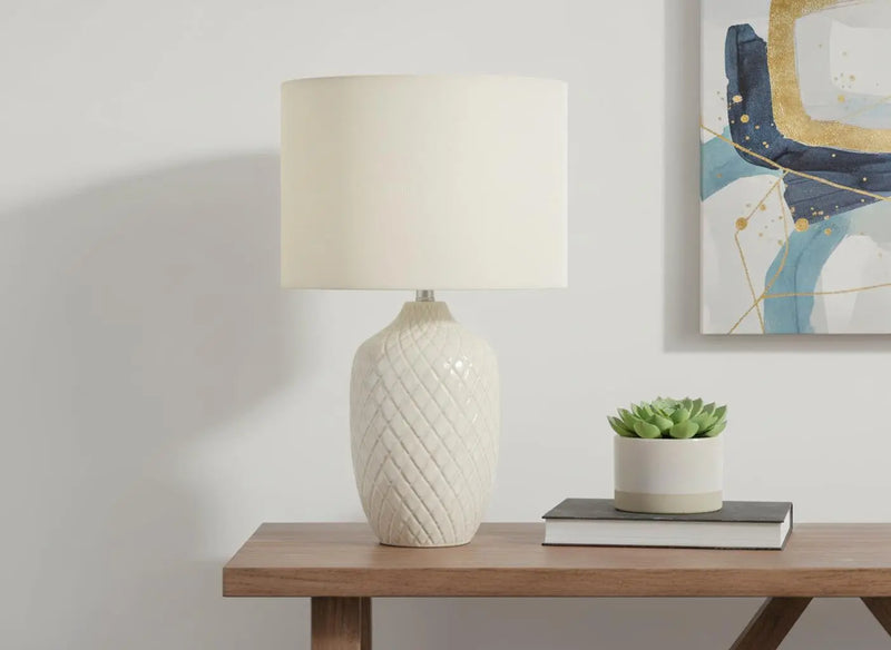 25" Cream Ceramic Urn Table Lamp With Cream Drum Shade Homeroots Lighting