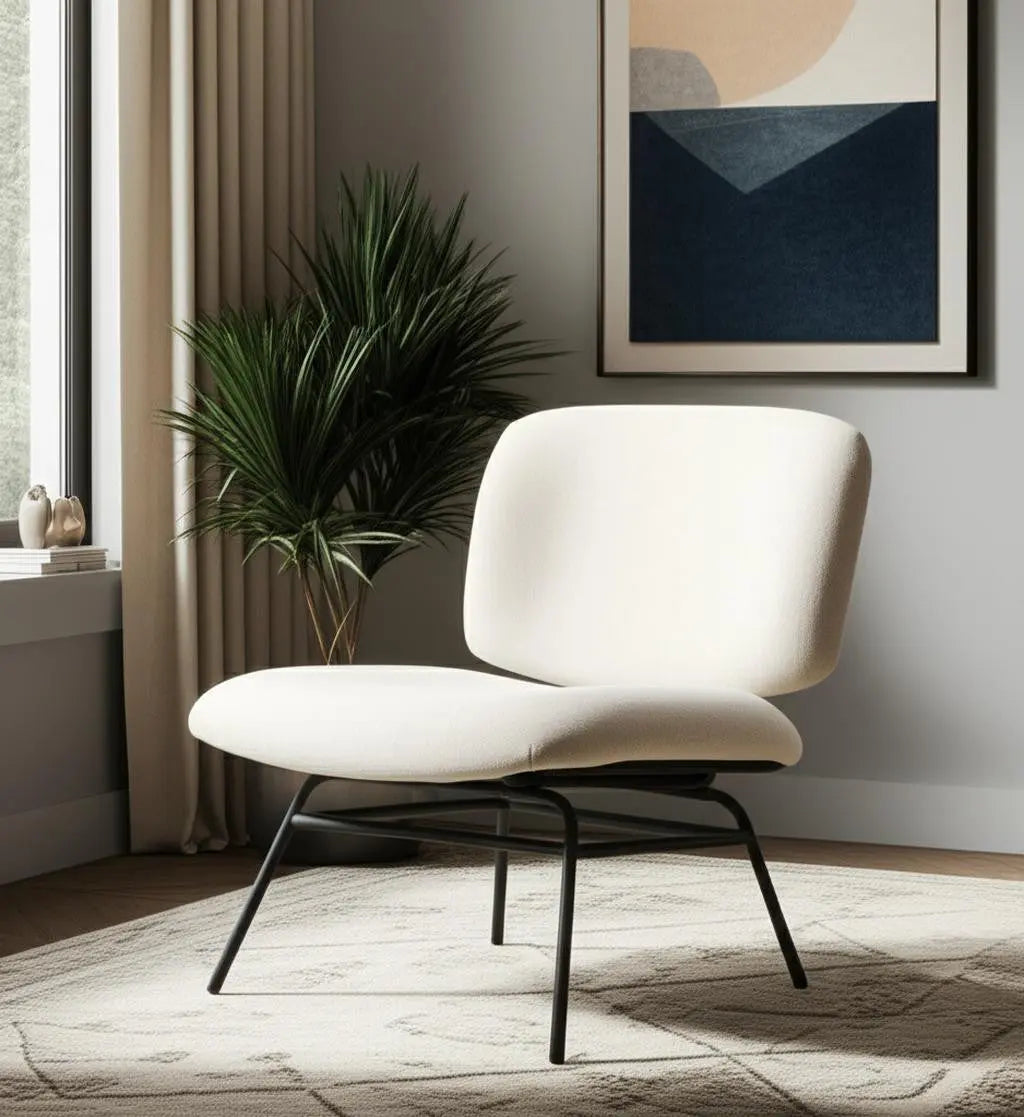 25" Cream and Black Chenille and Metal Slipper Chair Homeroots Living Room