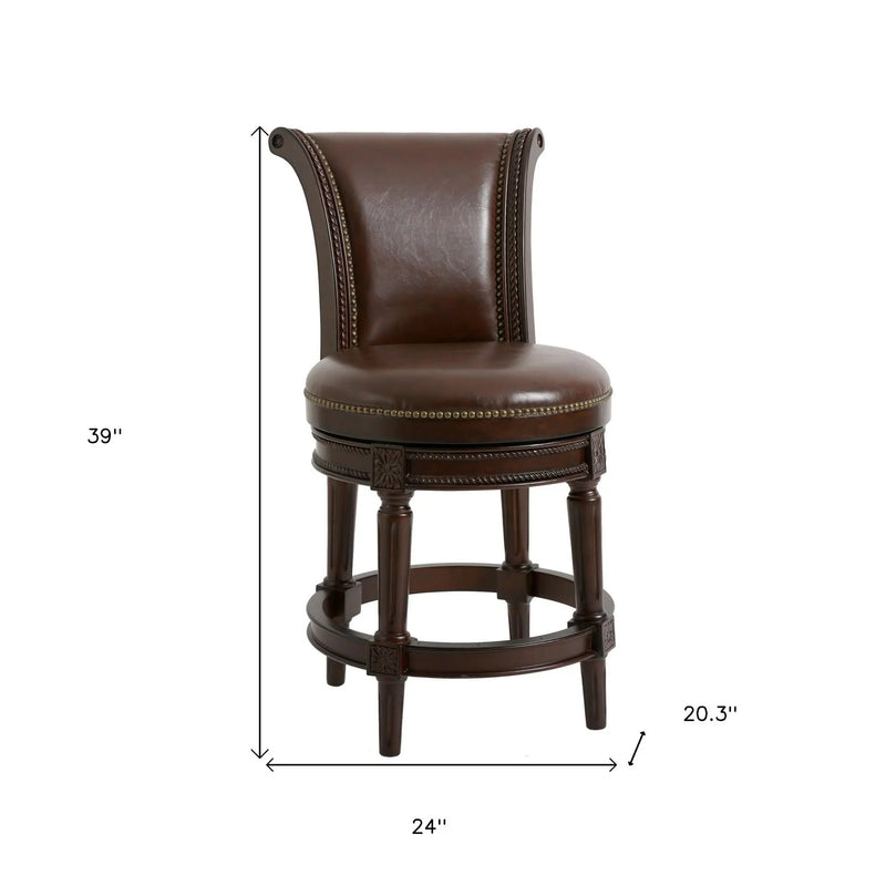 25" Dark Brown Faux Leather and Solid Wood Counter Height Swivel Bar Chair Homeroots Living Room
