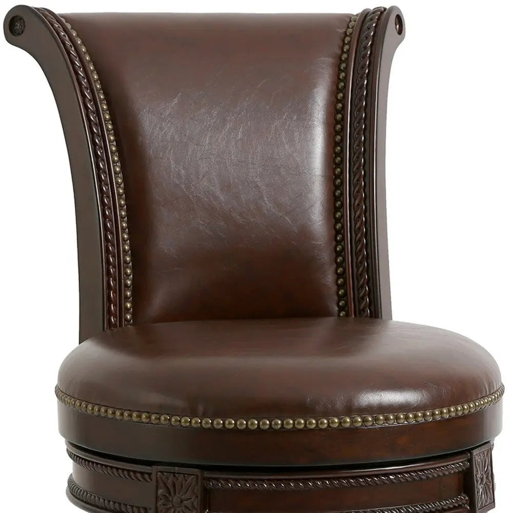 25" Dark Brown Faux Leather and Solid Wood Counter Height Swivel Bar Chair Homeroots Living Room
