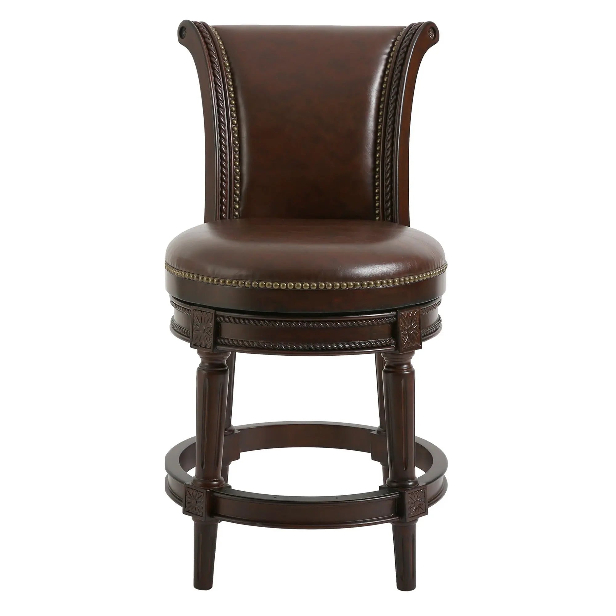 25" Dark Brown Faux Leather and Solid Wood Counter Height Swivel Bar Chair Homeroots Living Room