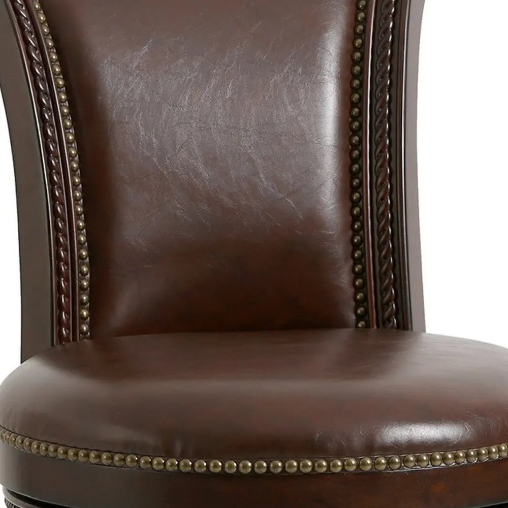 25" Dark Brown Faux Leather and Solid Wood Counter Height Swivel Bar Chair Homeroots Living Room