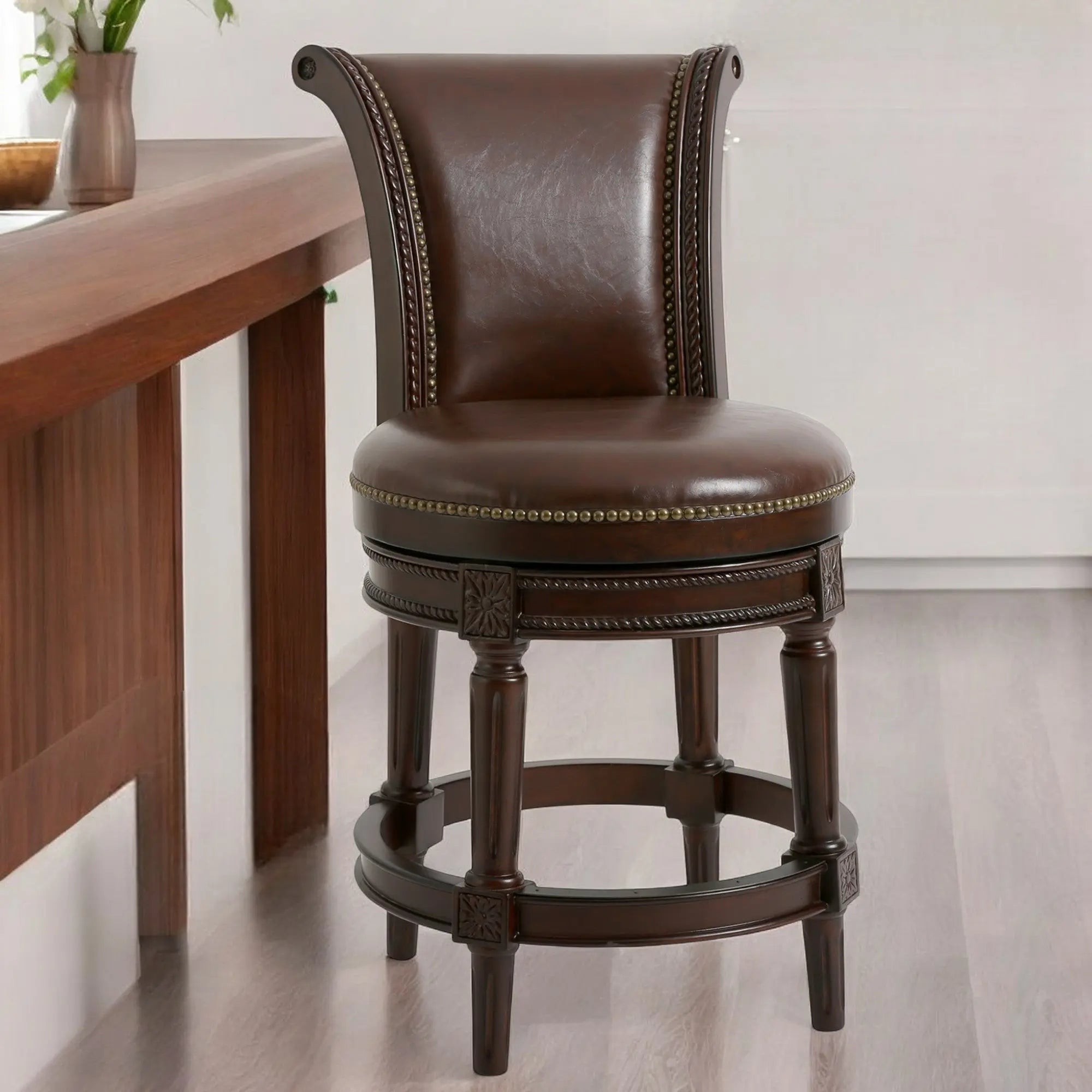 25" Dark Brown Faux Leather and Solid Wood Counter Height Swivel Bar Chair Homeroots Living Room