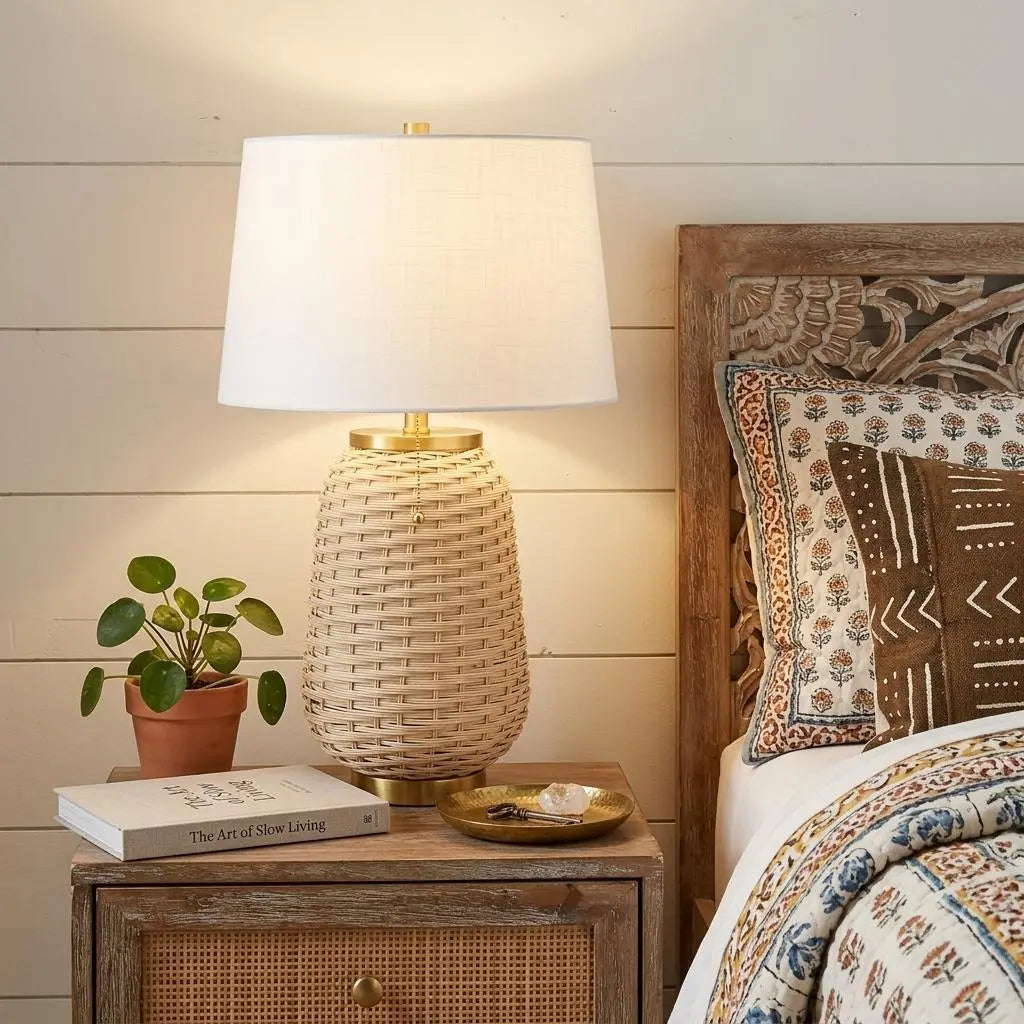 Woven rattan lamp with white linen shade, gold accents, perfect for boho-chic bedroom decor.
