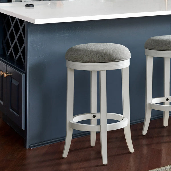 25" Gray And Antiqued White Solid Wood Swivel Backless Counter Height Bar Chair - GreatEagleInc