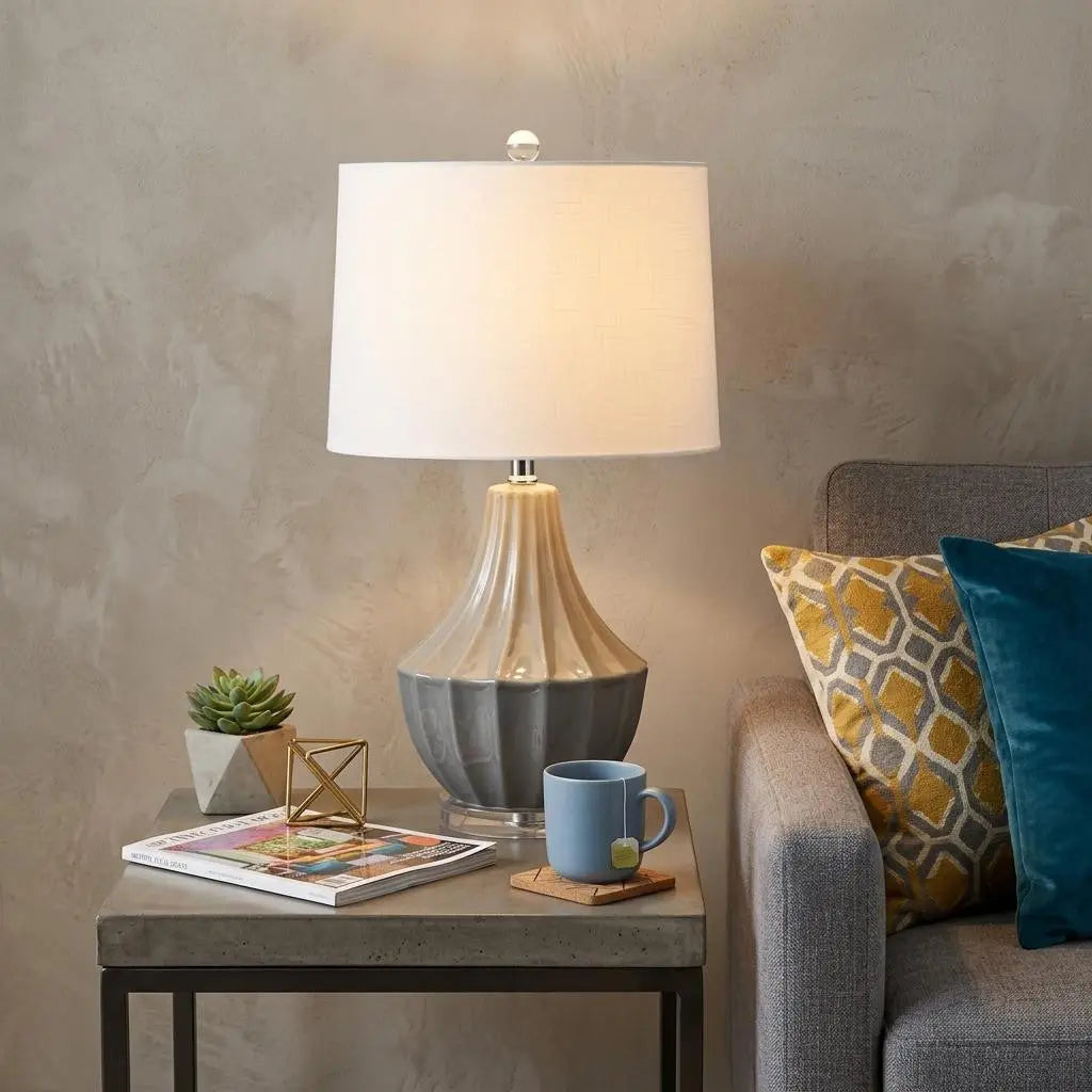25" Gray And Clear Novelty Table Lamp With Drum Shade Homeroots Lighting