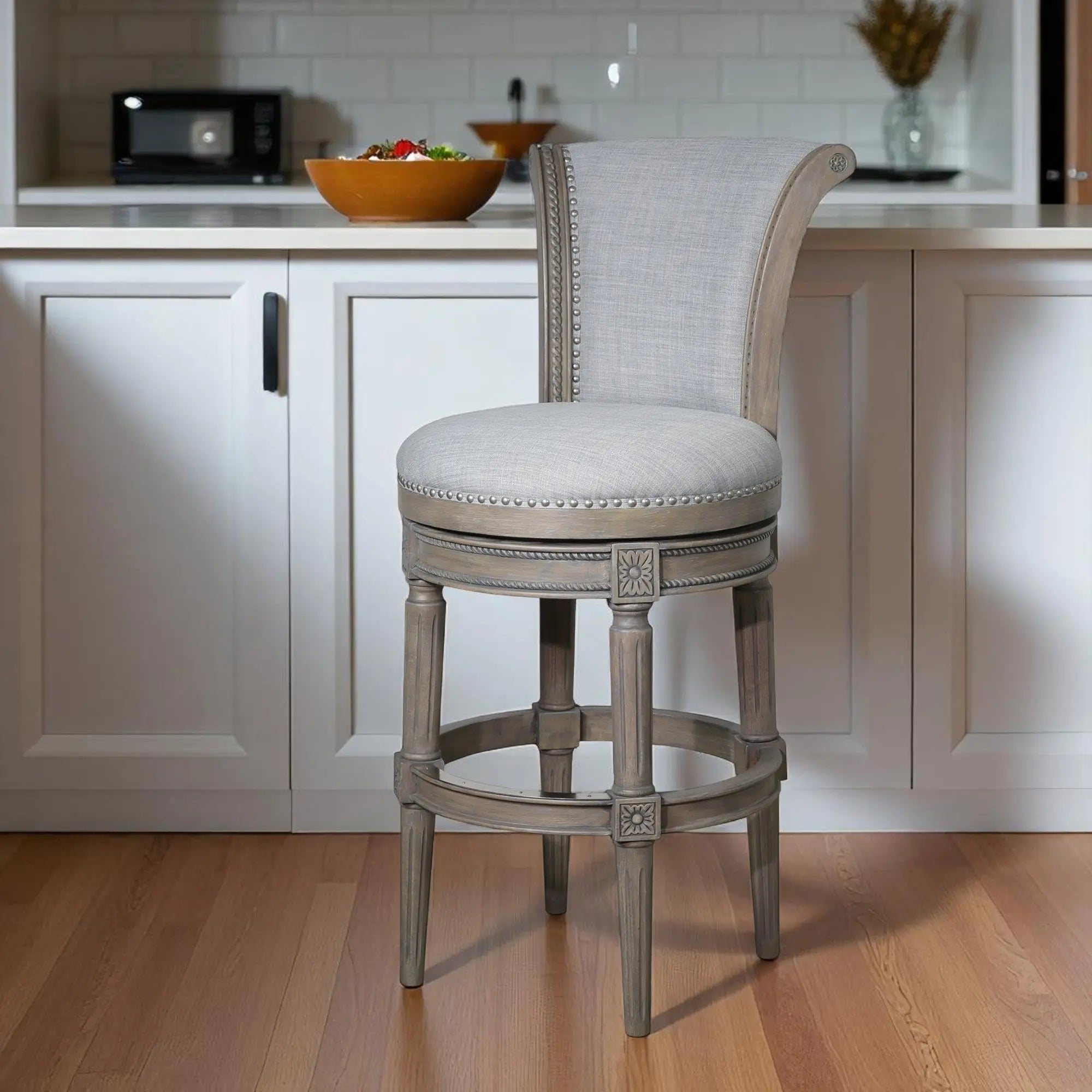 25" Gray Solid Wood and Fabric Counter Height Swivel Bar Chair Homeroots Living Room