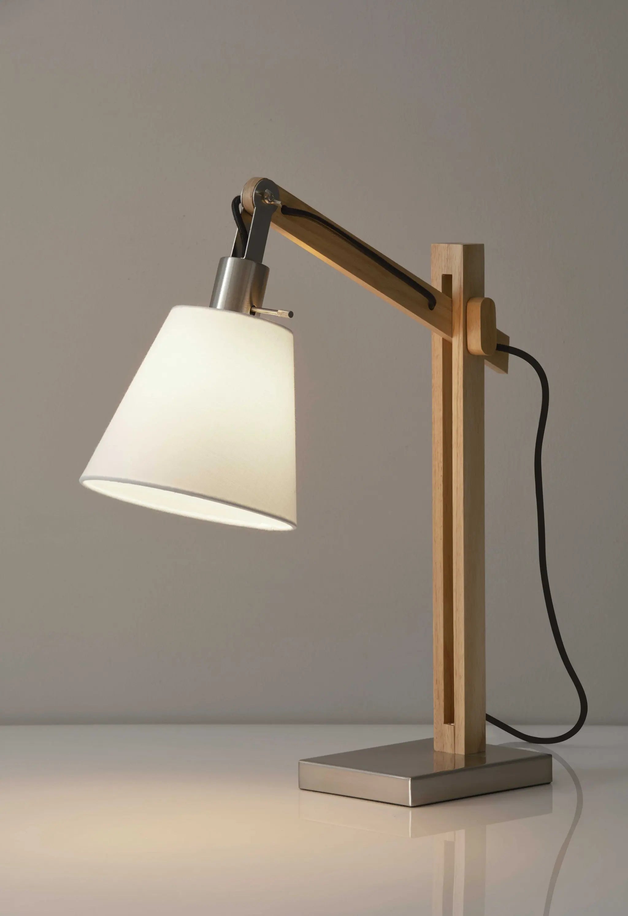 25" Natural Wood Adjustable Height Table Lamp With White Bell Shade Homeroots Lighting