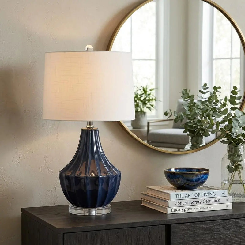25" Navy Blue And Clear Novelty Table Lamp With Drum Shade Homeroots Lighting