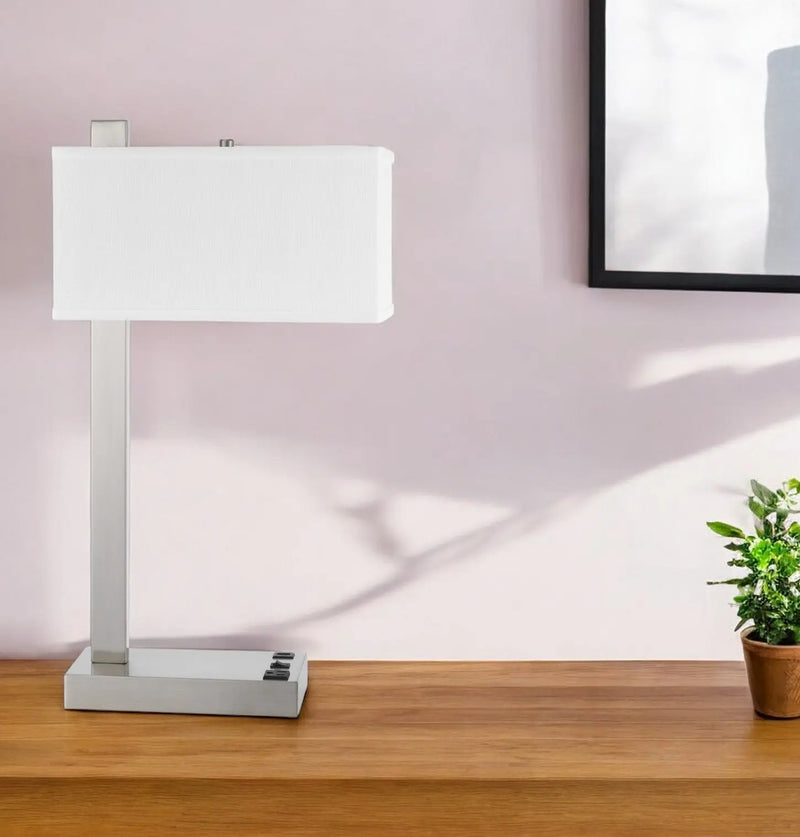 25" Nickel Metal Desk USB Table Lamp With White Shade Homeroots Lighting