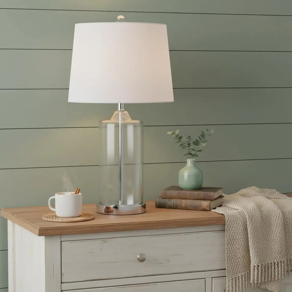 25" Silver Bedside Lamp With Drum Shade Homeroots Lighting