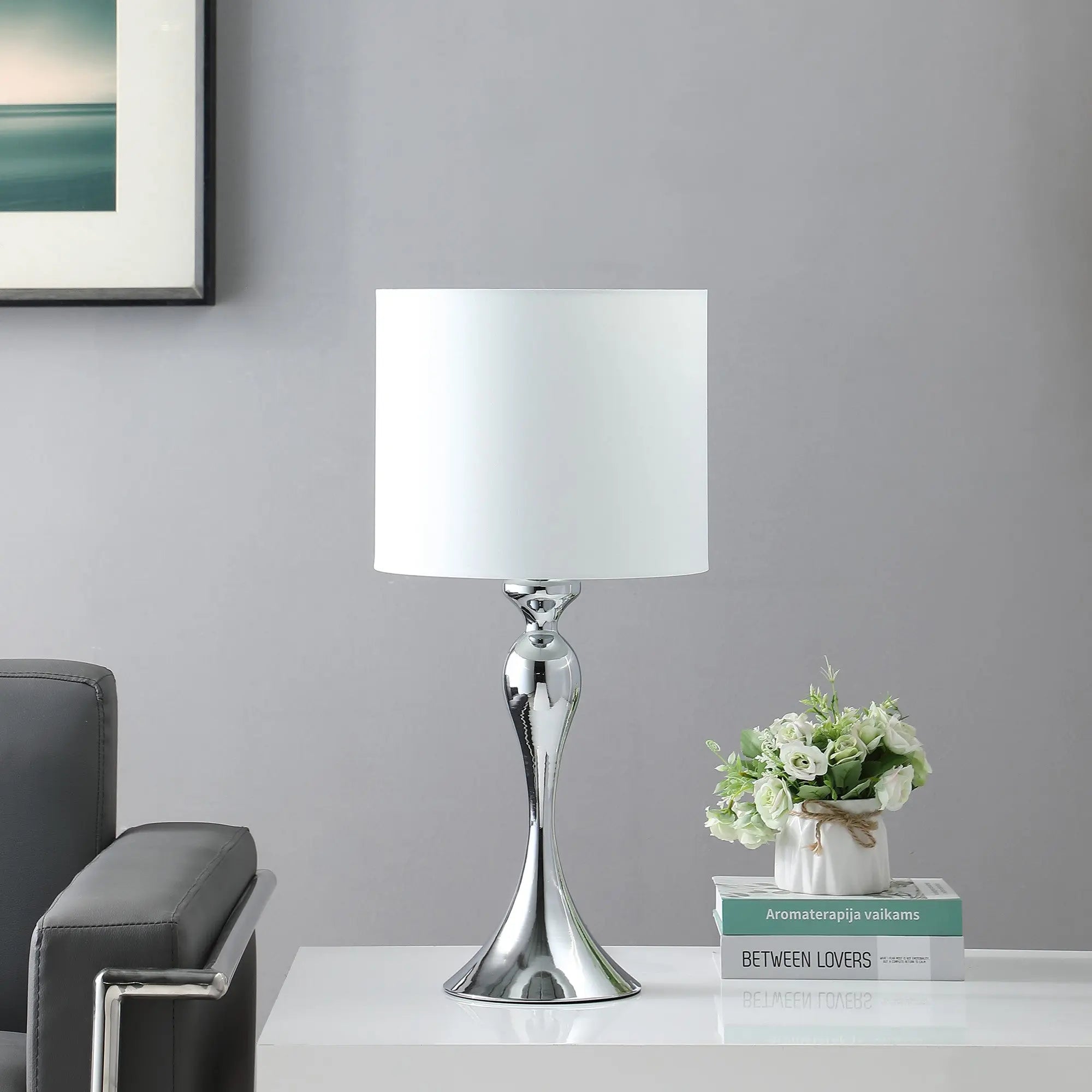 25" Silver Sleek Table Lamp With Off White Drum Shade - GreatEagleInc