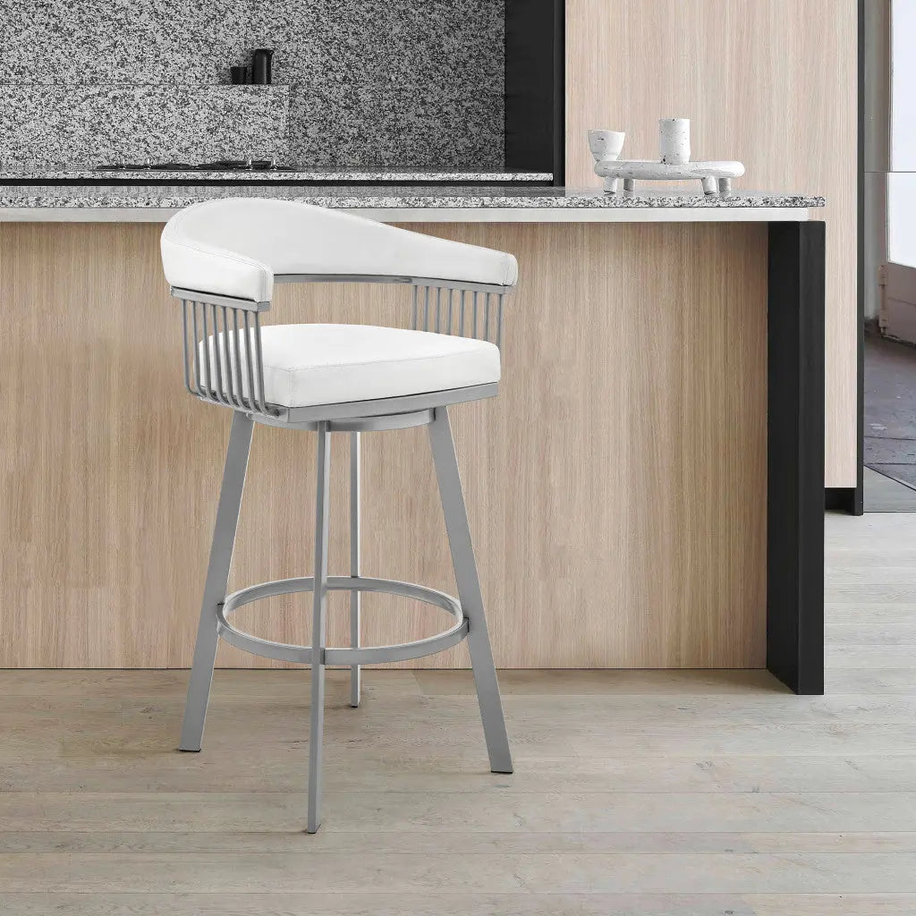 25" White And Silver Iron Swivel Backless Counter Height Bar Chair Homeroots Living Room