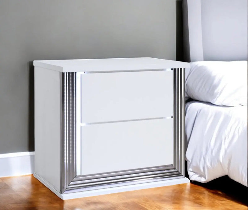25" White Solid and Manufactured Wood Lighted Two Drawer Nightstand Homeroots Bed & Bath