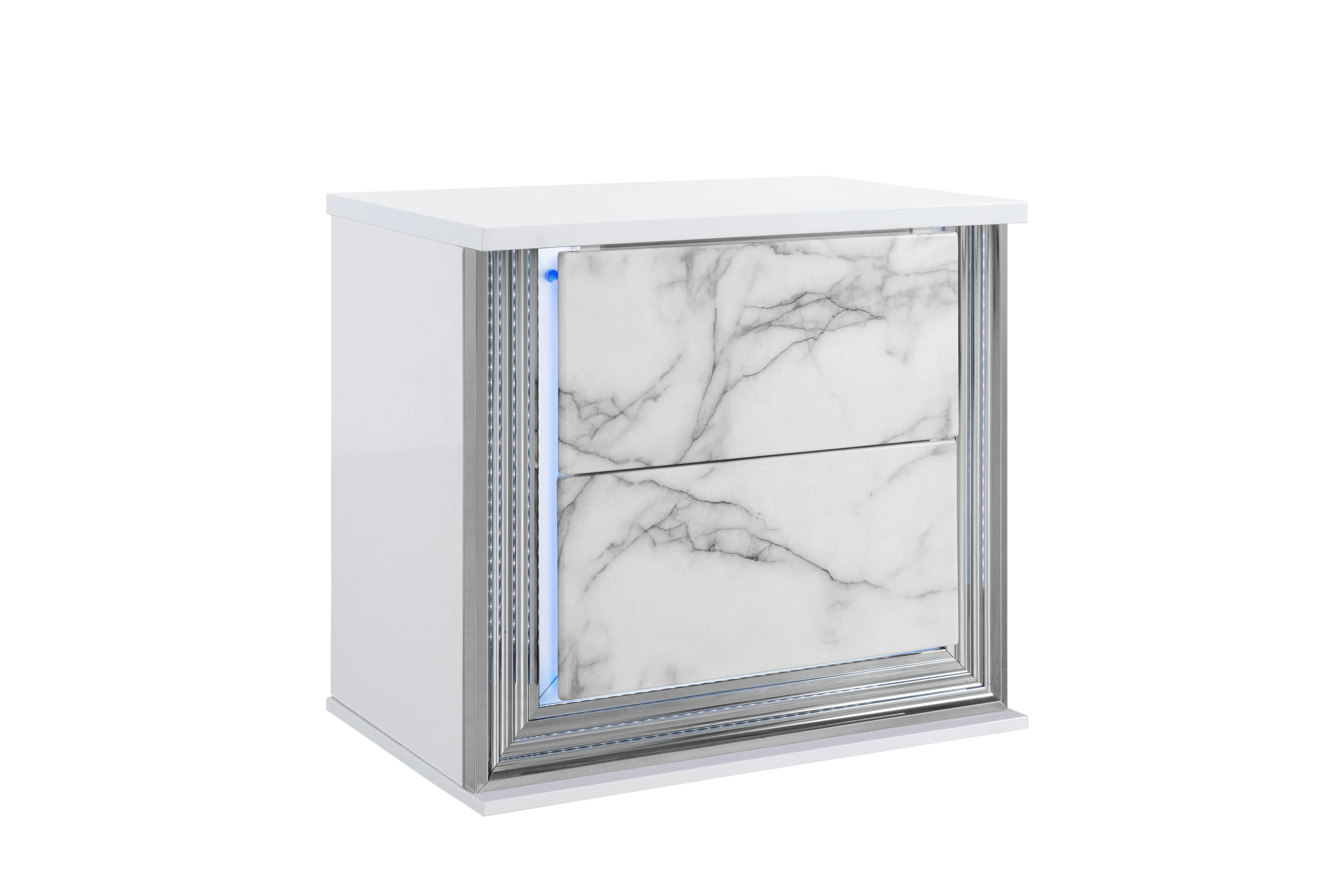 25" White Wood Faux Marble Solid and Manufactured Wood Lighted Two Drawer Nightstand with USB Port Homeroots Bed & Bath