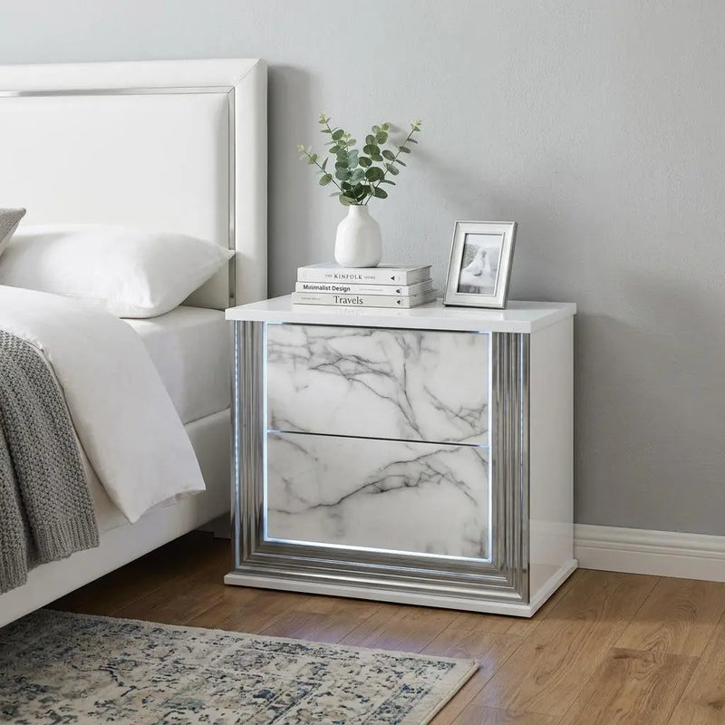 25" White Wood Faux Marble Solid and Manufactured Wood Lighted Two Drawer Nightstand with USB Port Homeroots Bed & Bath