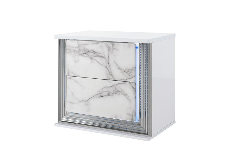 25" White Wood Faux Marble Solid and Manufactured Wood Lighted Two Drawer Nightstand with USB Port Homeroots Bed & Bath