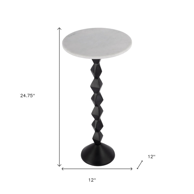 25" White and Black Marble and Aluminum Round Pedestal End Table - GreatEagleInc