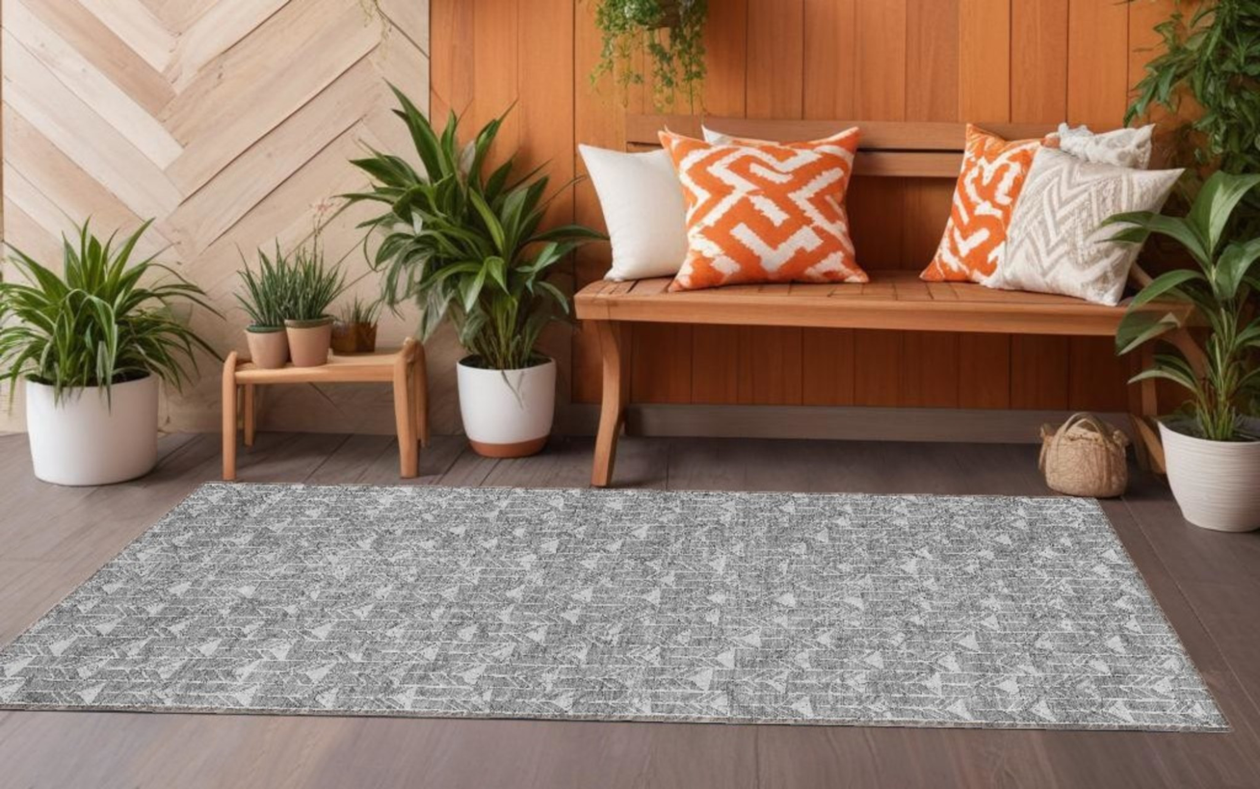 8' Gray Geometric Washable Non Skid Indoor Outdoor Runner Rug Sports & Outdoor