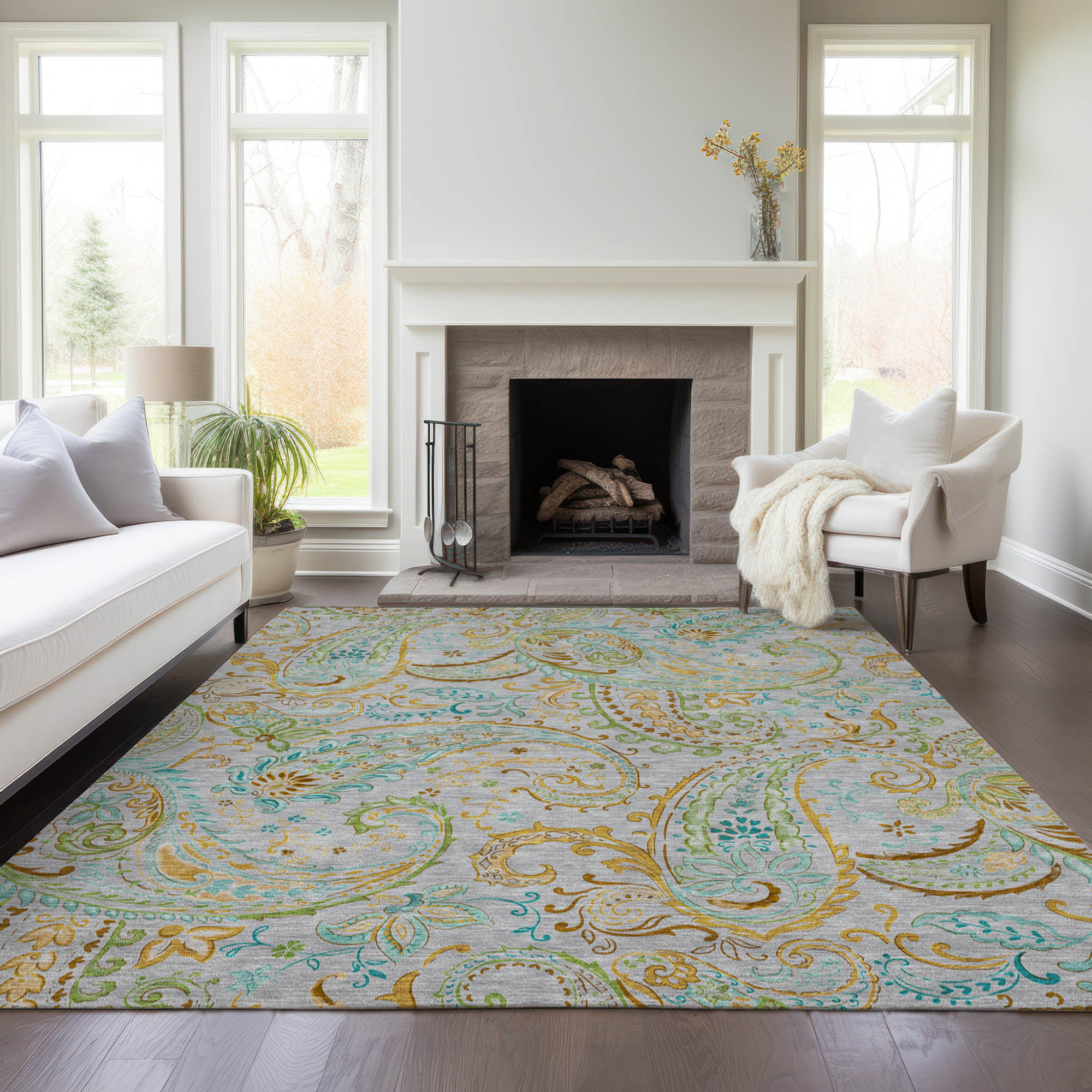 3' X 5' Gray and Gold Paisley Washable Non Skid Indoor Outdoor Area Rug Sports & Outdoor