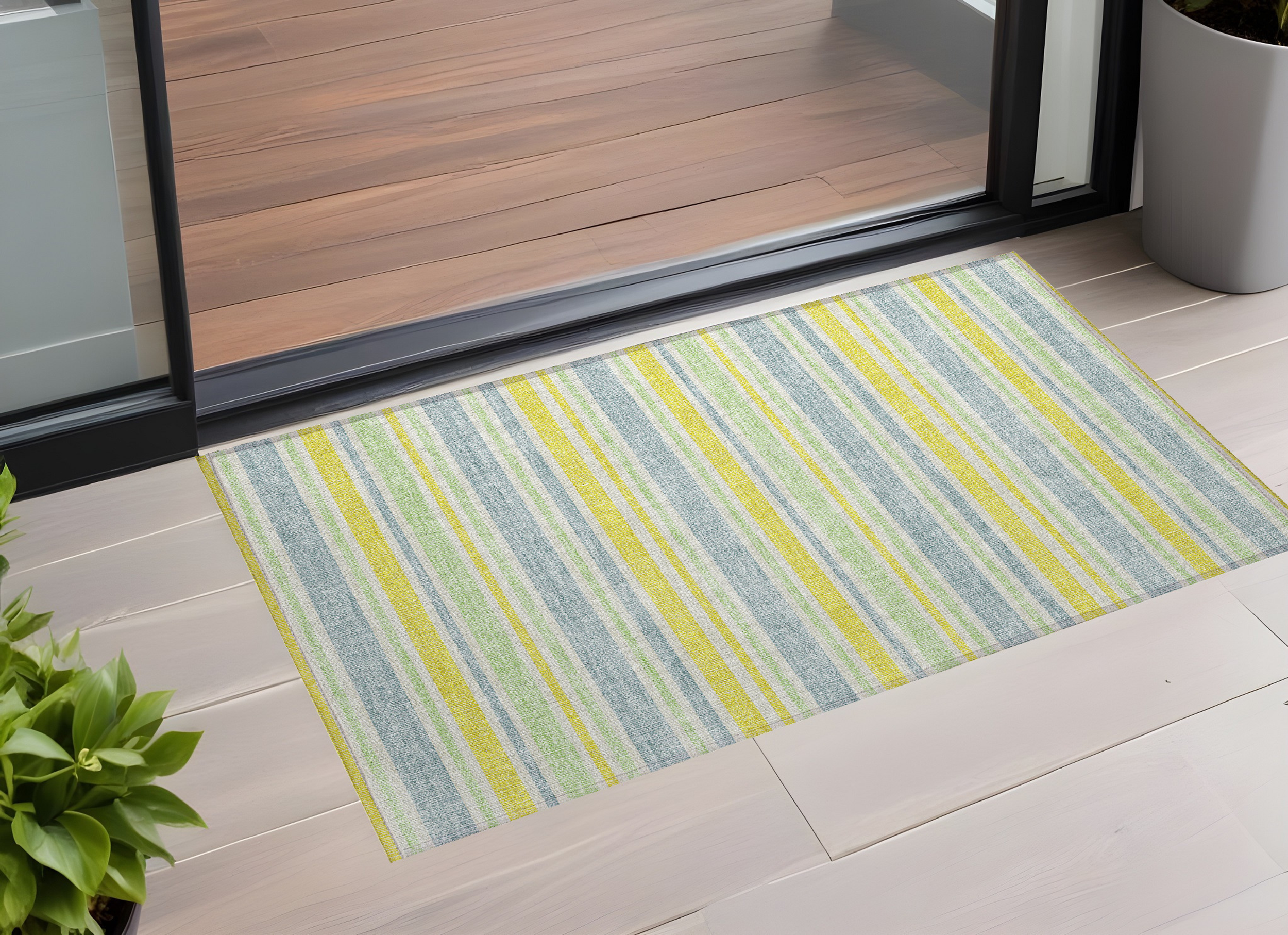 3' X 5' Blue and Yellow Striped Washable Non Skid Indoor Outdoor Area Rug Sports & Outdoor