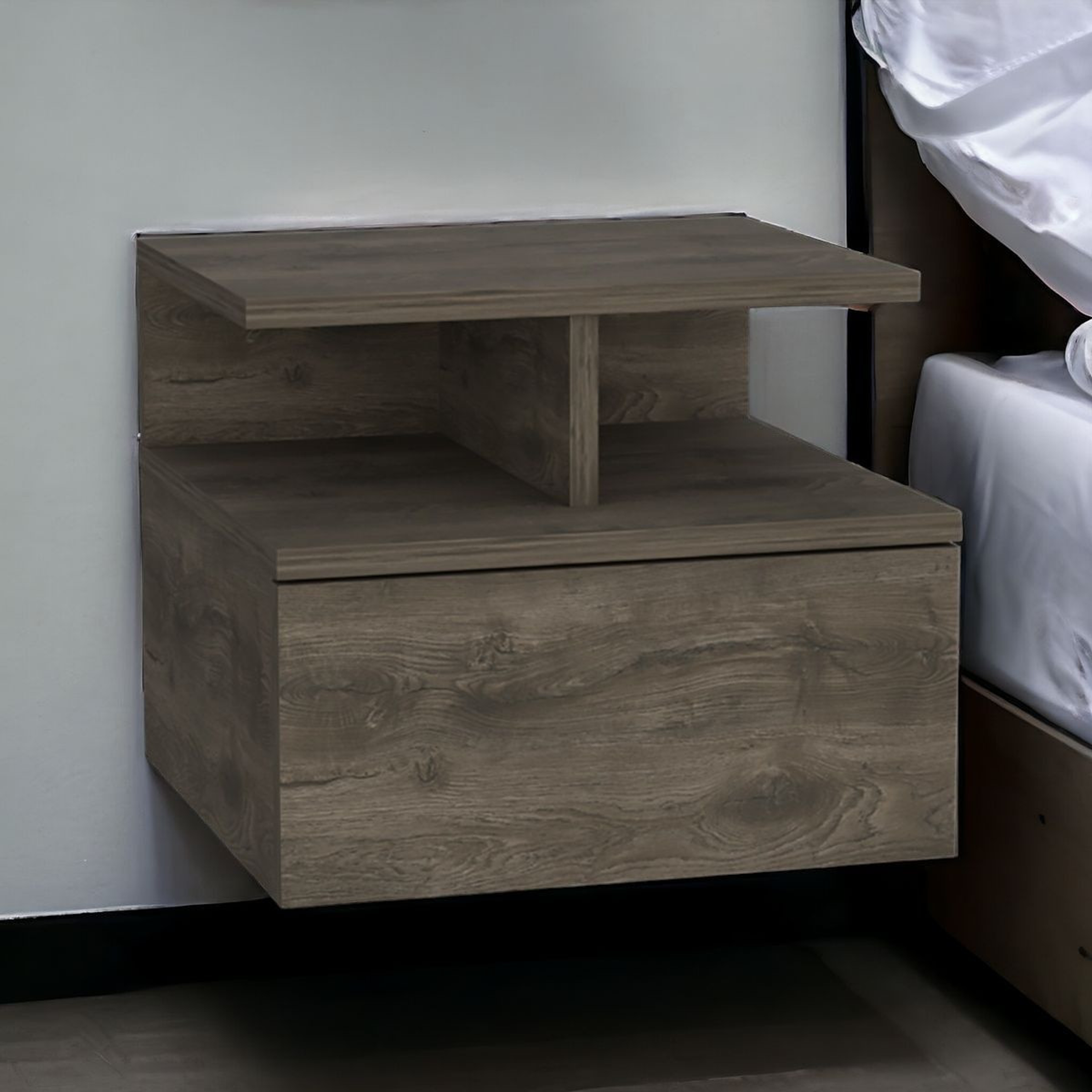 12" Brown One Drawer Faux Wood Floating Nightstand - 1 - Home & Garden
