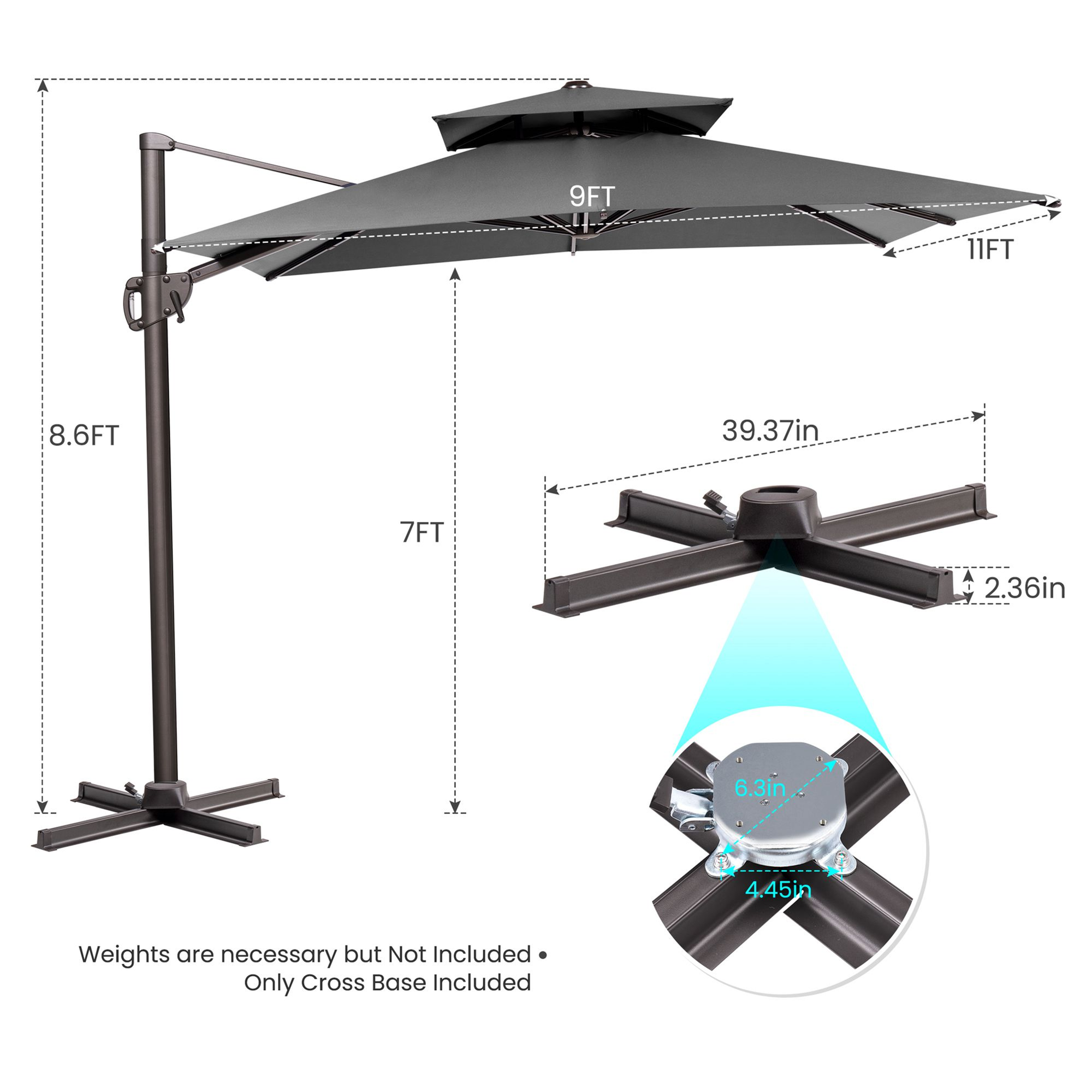 11' Dark Gray Polyester Round Tilt Cantilever Patio Umbrella With Stand - 1 - Sports & Outdoor