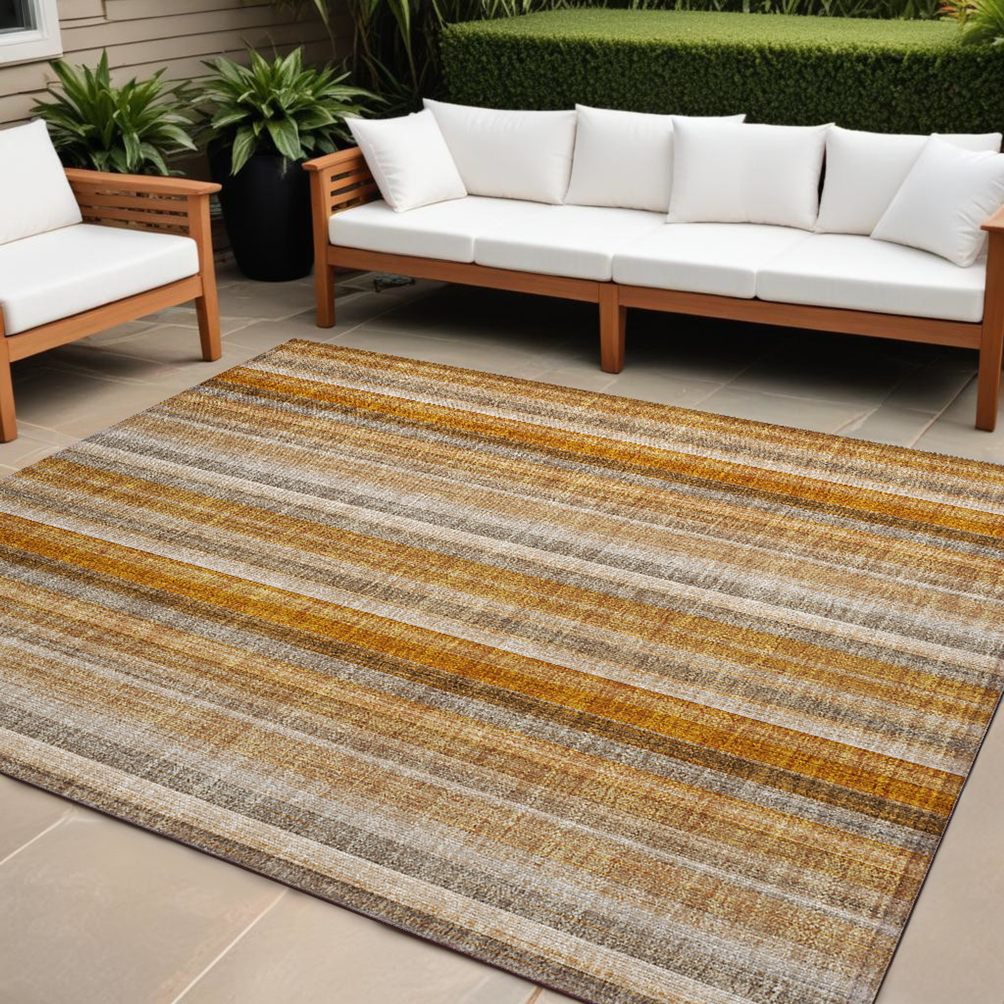 8' X 10' Orange Ivory and Gray Striped Washable Non Skid Indoor Outdoor Area Rug Sports & Outdoor