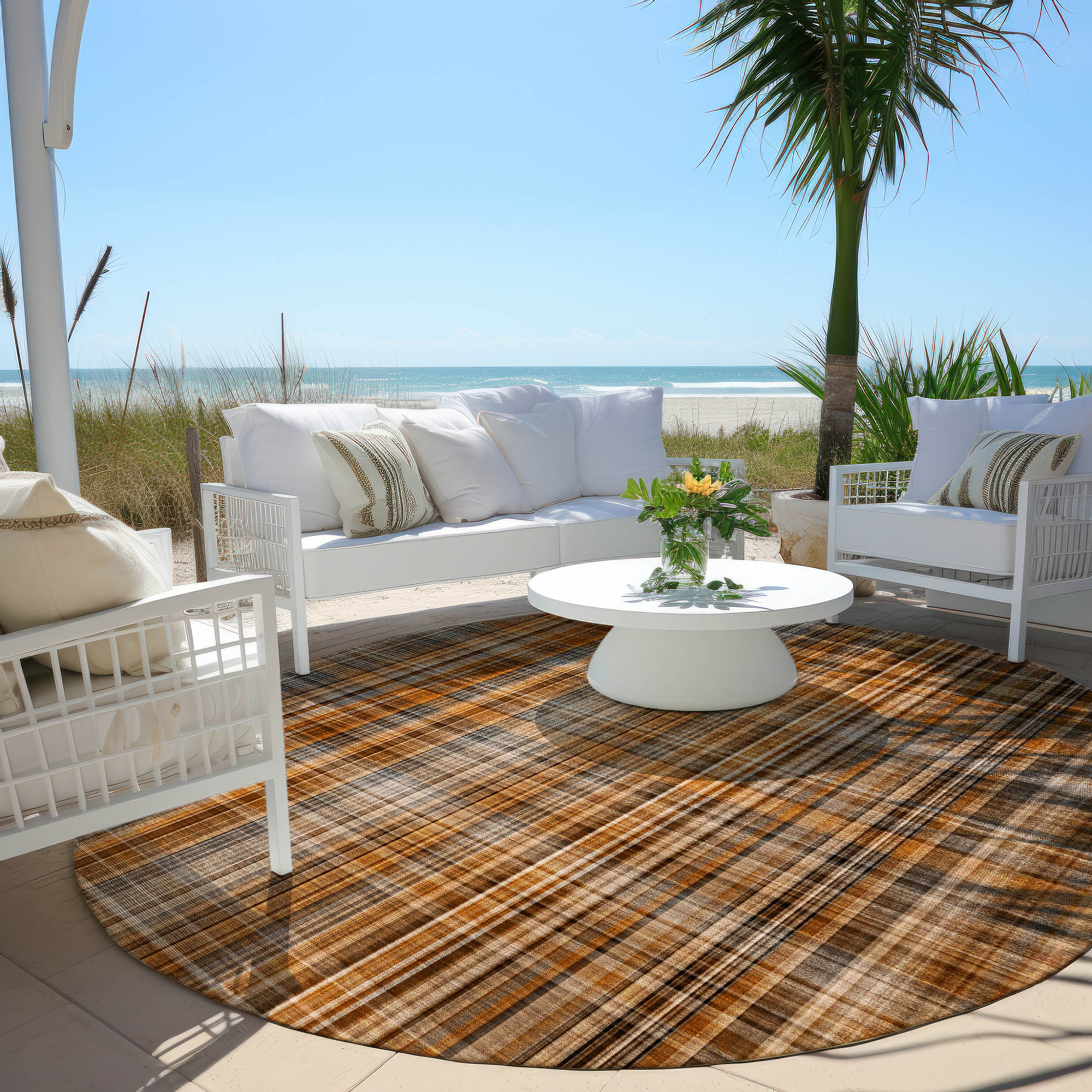8' Round Terra Cotta Round Plaid Washable Non Skid Indoor Outdoor Area Rug Sports & Outdoor